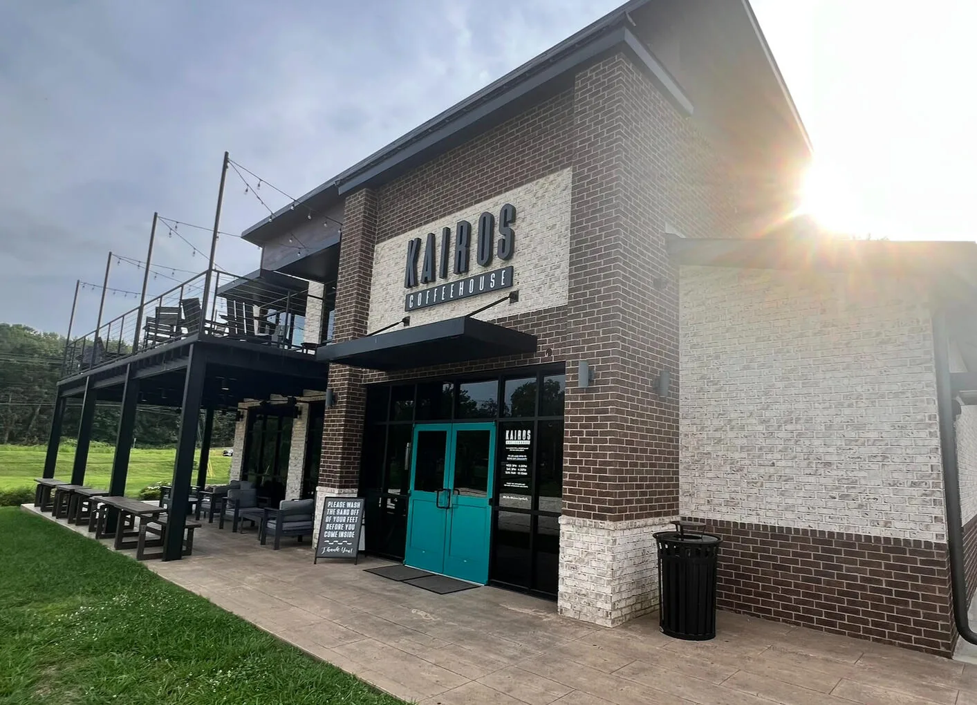 The entrance and patio at Kairos Coffeehouse