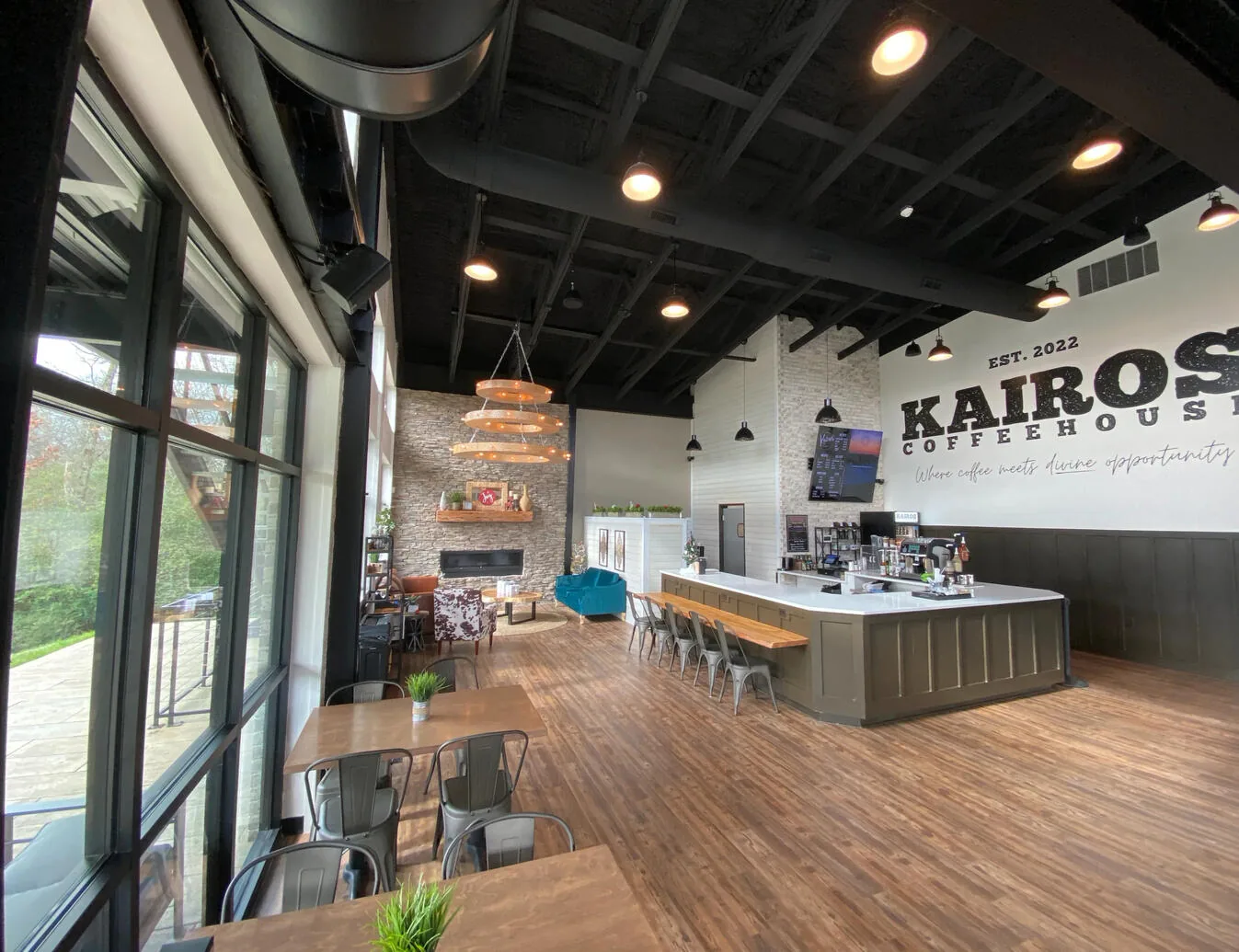 The counter and seating area inside Kairos Coffeehouse