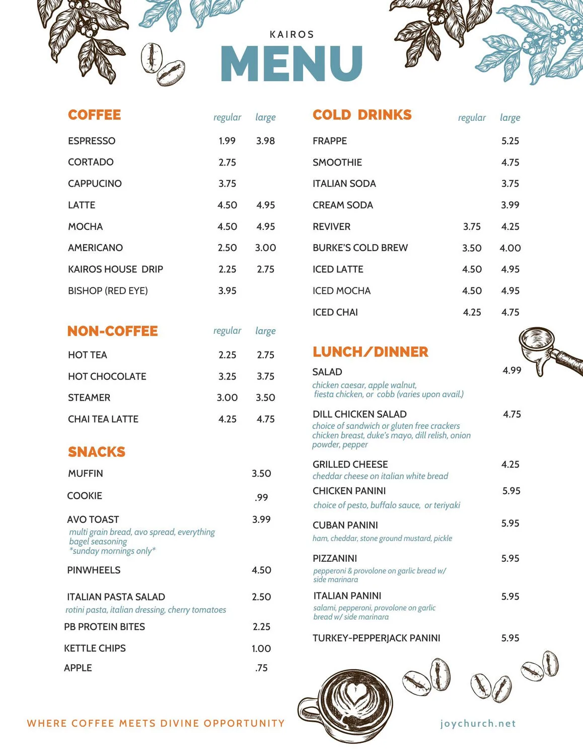 The Kairos Coffeehouse menu, listing coffee, cold drinks, snacks and lunch items with prices