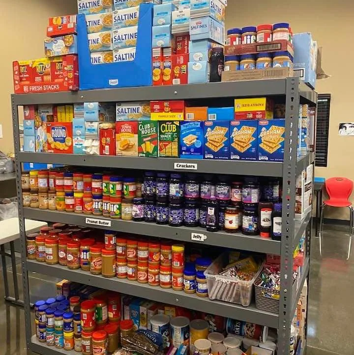 Stocked shelves at the Joy Church food pantry